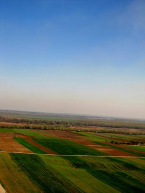 Renkli tarlalar ve görünür ufuk çizgisi olan çayırlar, Sırbistan Balkanlar ve Avrupa 'da