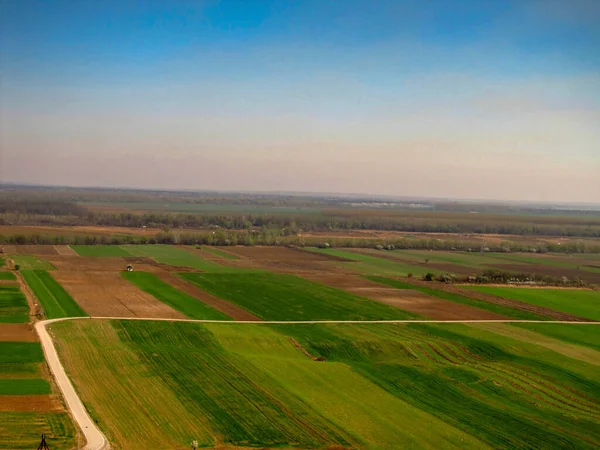 Bird Eye View Colorful Fields Meadows Visible Skyline Serbia Balkans — Stock Photo, Image