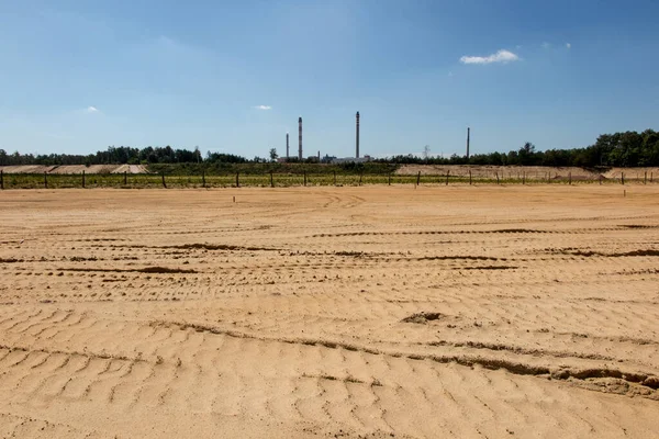 partial afforestation of the former sand mine, planted with pine seedlings, in the background a zinc and lead smelter