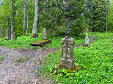 Eski Yunan Katolik mezarlığı ve Brzegi Gorne 'daki eski Ortodoks kilisesinin bulunduğu yer olan Bieszczady Dağları' nda, Beskid patikasının üzerinde, yağmurlu havalarda, kırmızı işaretlerle işaretlenmiş..