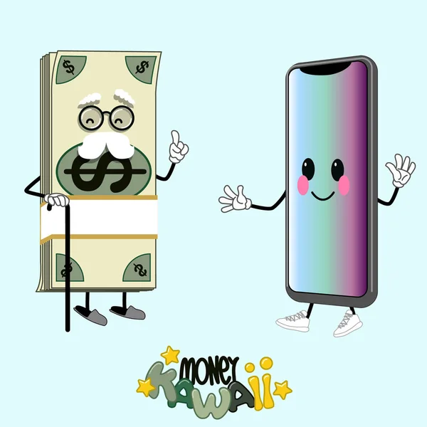 お金の話を現代の新しい携帯電話に明るいネオンの背景の上の可愛いキャラクターの古いバンドル — ストックベクタ