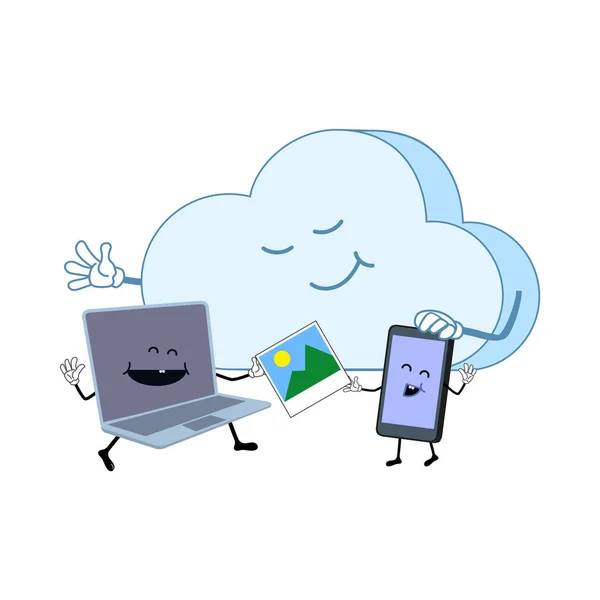 Χαριτωμένο Αρχείο Εικόνας Κοινή Χρήση Σύννεφο Φορητό Υπολογιστή Και Smartphone — Διανυσματικό Αρχείο