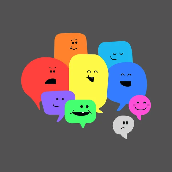 Gruppe Von Cartoon Regenbogenblasen Mit Unterschiedlichen Emotionen Über Dunkelgrau Vektor — Stockvektor