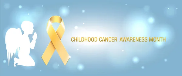 Golden Childhood Awareness Ribbon Symbol Shining Steel Blue Background Magic — Stock Vector