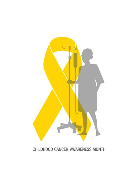 小児がん啓発月間のエンブレム 大きな黄色のリボンシンボルの後ろに立つドリップスタンドで小さな大胆な頭部患者を描く ロイヤリティフリーのストックイラスト