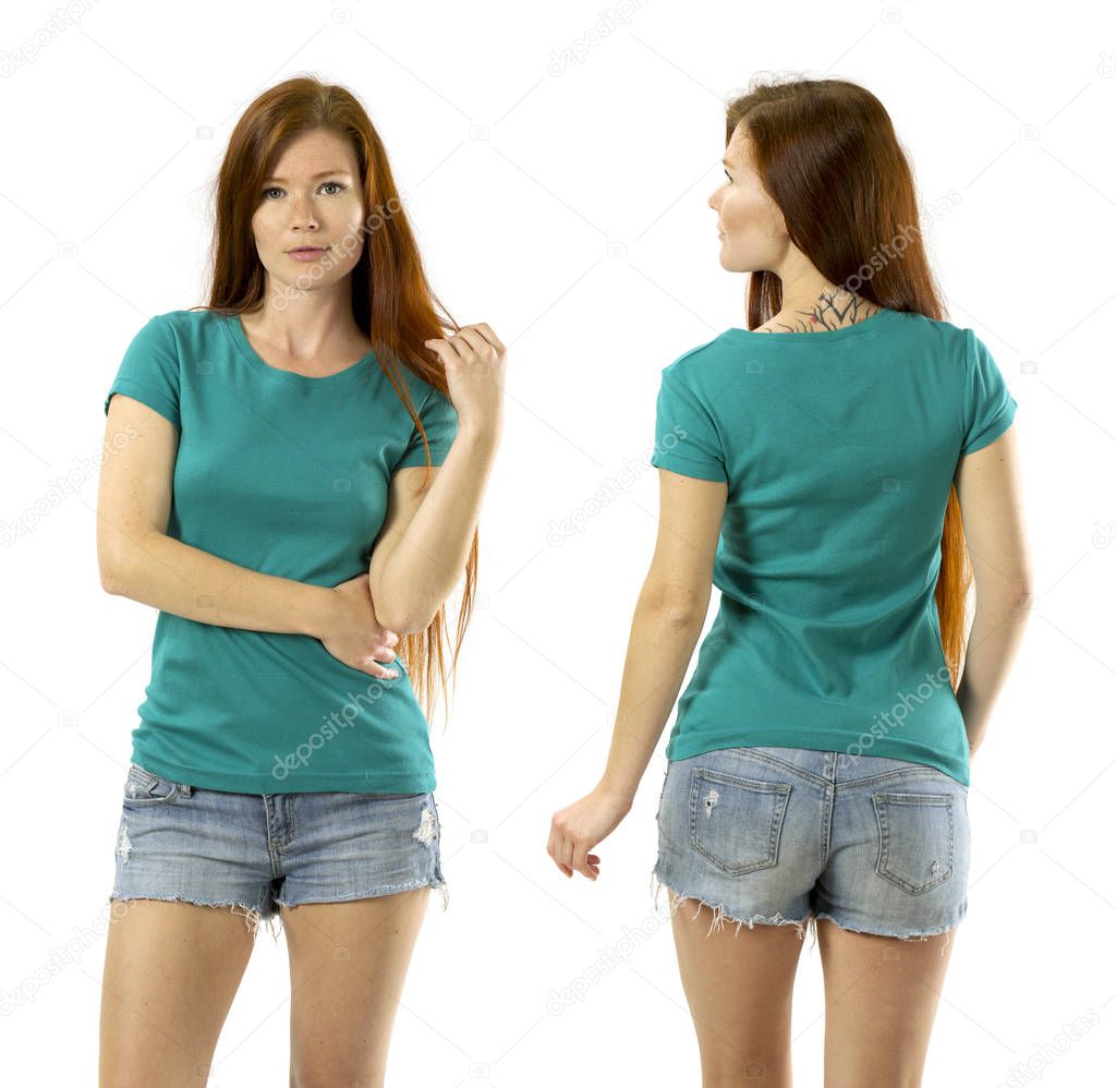 Photo of a young beautiful redhead woman with blank green shirt, front and back. Ready for your design or artwork.