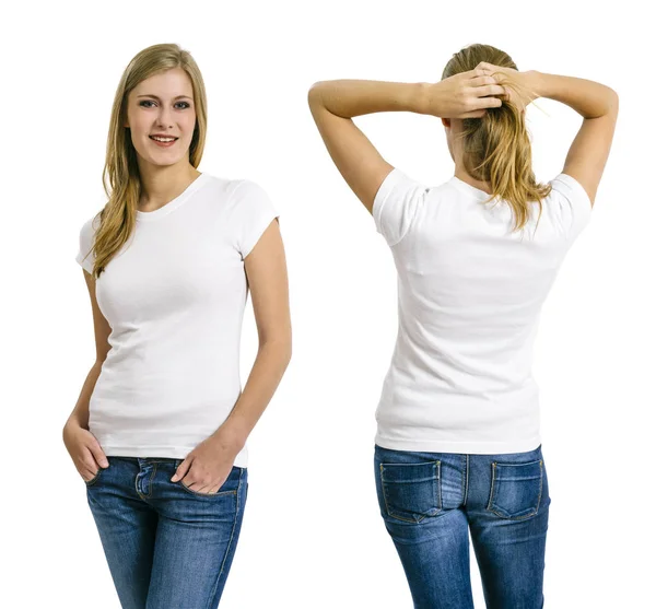 Photo Young Beautiful Blond Woman Blank White Shirt Front Back — Stock Photo, Image