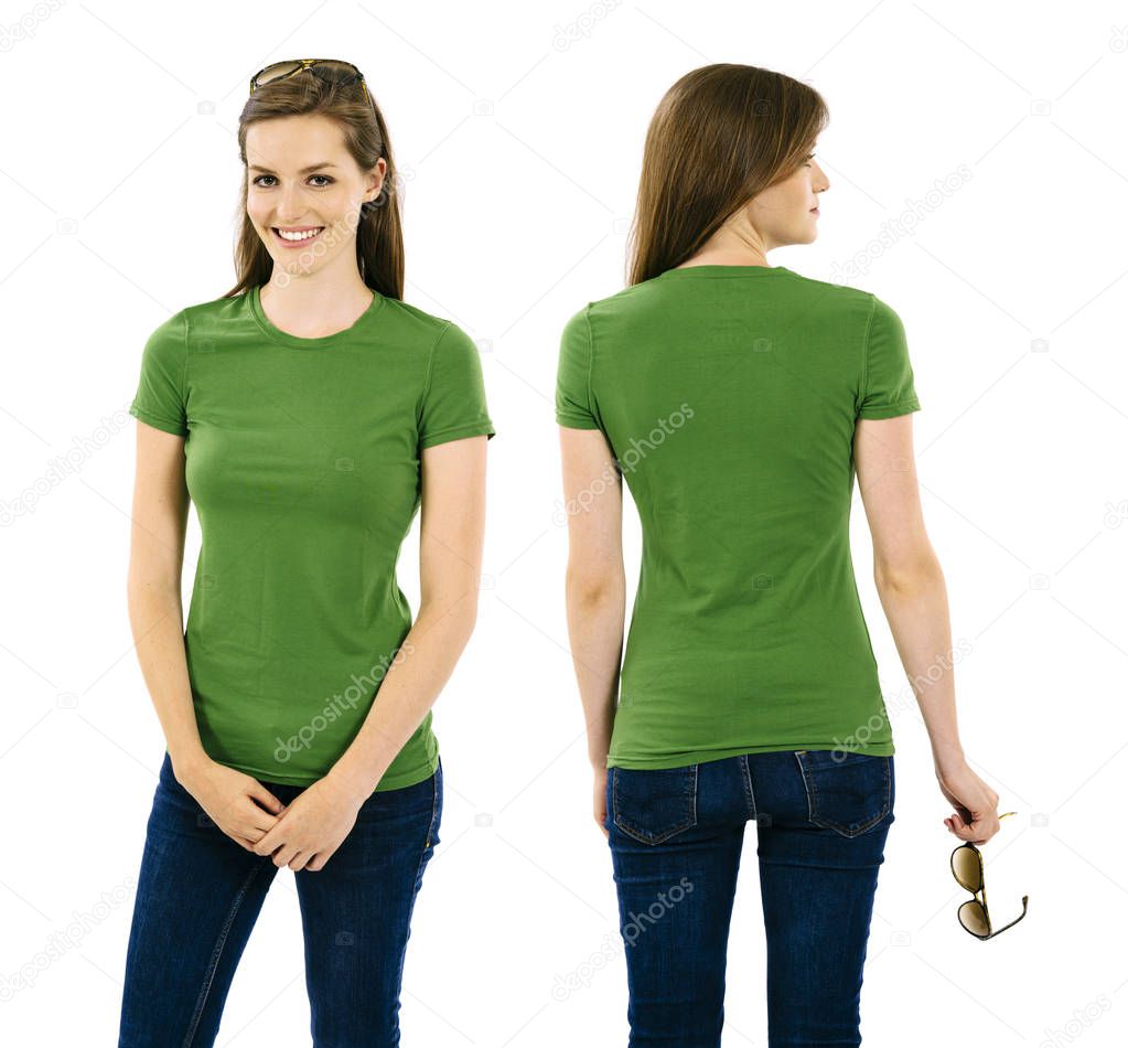 Photo of a young beautiful brunette woman with blank green shirt, front and back. Ready for your design or artwork.
