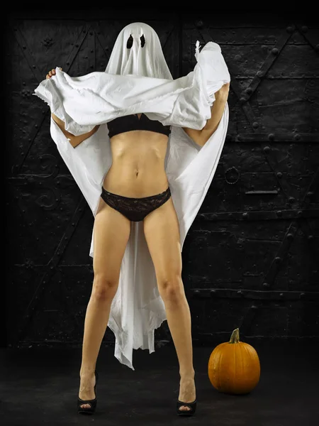Photo Woman Dressed Sexy Ghost Halloween Showing Underwear High Heels — Stock Photo, Image