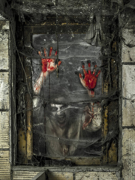 Фото голодного зомби, смотрящего на тебя через грязное окно
.