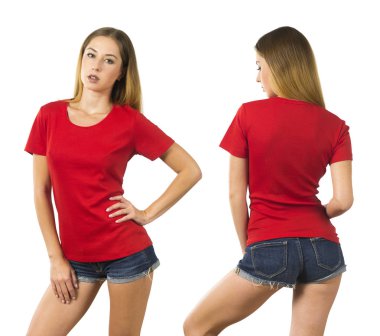 Sanat ve tasarım için boş bir kırmızı t-shirt hazır ile poz bir kadın fotoğrafı.