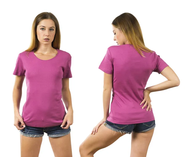 Zdjęcia Kobiety Pozowanie Puste Różowy Shirt Gotowym Kompozycji Lub Projekt — Zdjęcie stockowe
