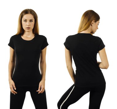 Resim ya da tasarım için hazırlanmış boş siyah tişörtlü bir kadının fotoğrafı..