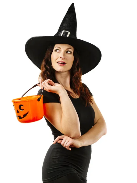 Young Sexy Redhead Woman Witch Hat Holding Pumpkin Candy Bucket — Stock Photo, Image
