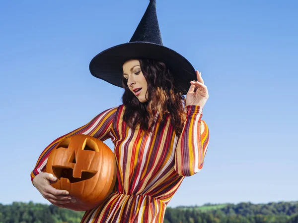 Young Sexy Woman Holding Carved Pumpkin Wearing Witch Hat Halloween — Stock Photo, Image