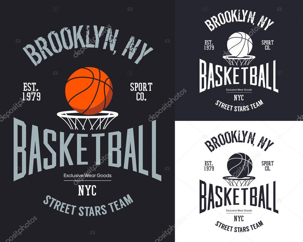 Set of isolated signs for New York basketball street team. Orange ball over basket banner for streetball or urban sport team. Sportswear gear and t-shirt logo, branding theme