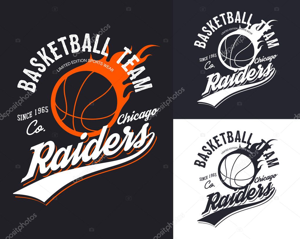 Chicago university or college, varsity or school basketball team t-shirt logo. Set of isolated symbols for streetball championship or competition. Sport clothing and branding, athletic theme