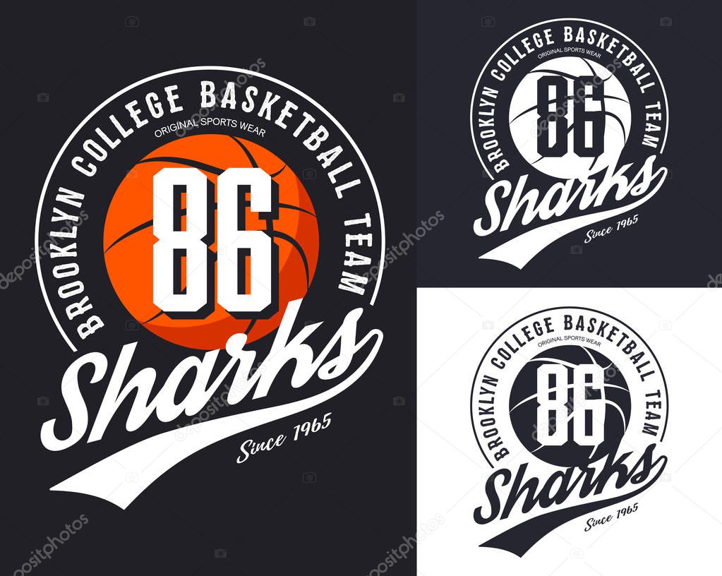 Design for New York, Brooklyn basketball team logo or banner with orange ball and text. Set of isolated banner on sport gear or sportswear logotype or symbol, urban varsity or street t-shirt