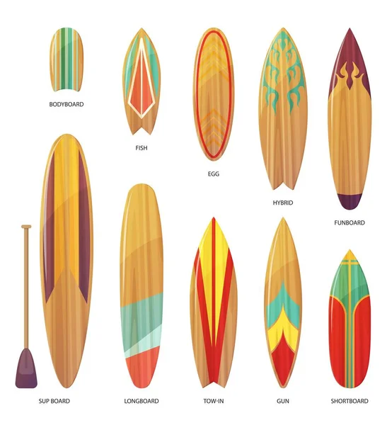 Set di diversi tipi di tavole da surf isolate — Vettoriale Stock