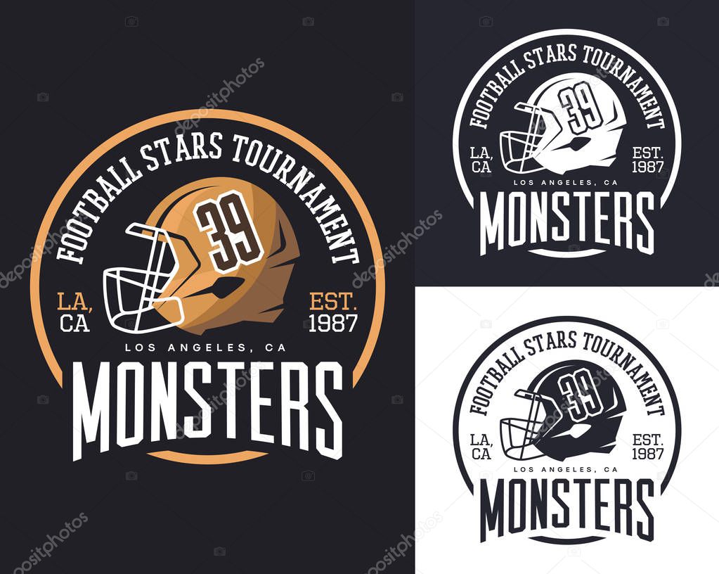 Headdress for american football sport, helmet with face mask for t-shirt print, cap of los angeles monsters team advertising, sportswear clothing badge or logo. Competition or sport club tournament