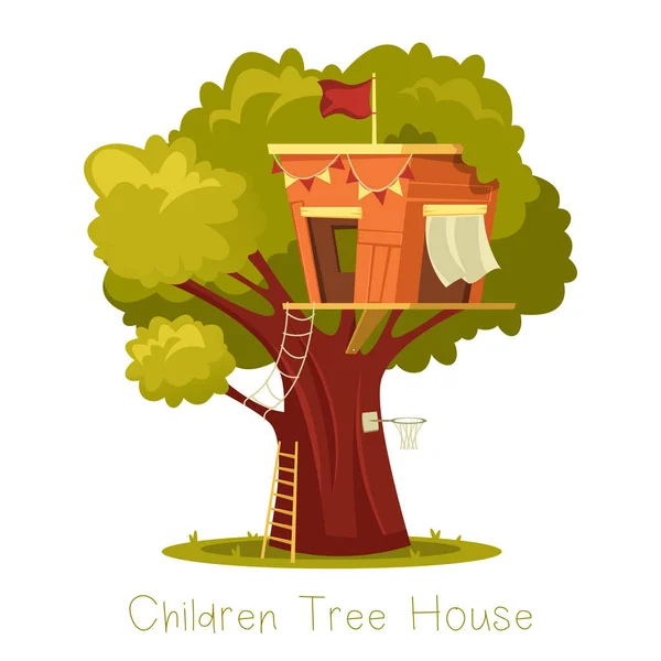 Árbol con casa para niños o roble con construcción para juegos infantiles . — Vector de stock