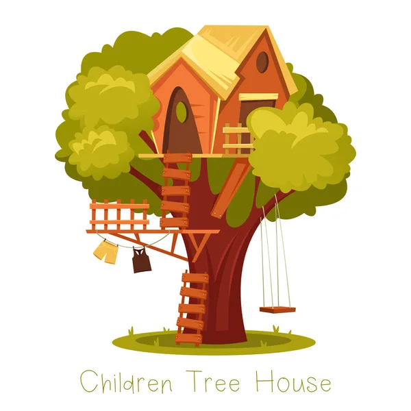 Dzieci drewniany dom na dąb. Drzewo z drabiny i dzieciak Domek na drzewie. — Wektor stockowy