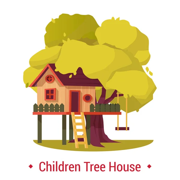 Dziecko w domu lub w domu na drzewie z drabiny i huśtawce lub huśtawka. — Wektor stockowy