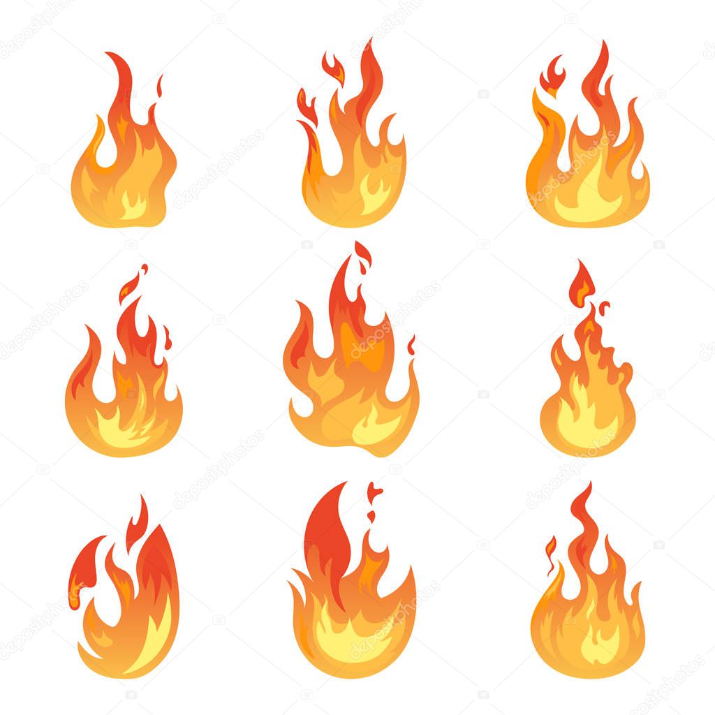 Flaming fire or isolated flame icons, light