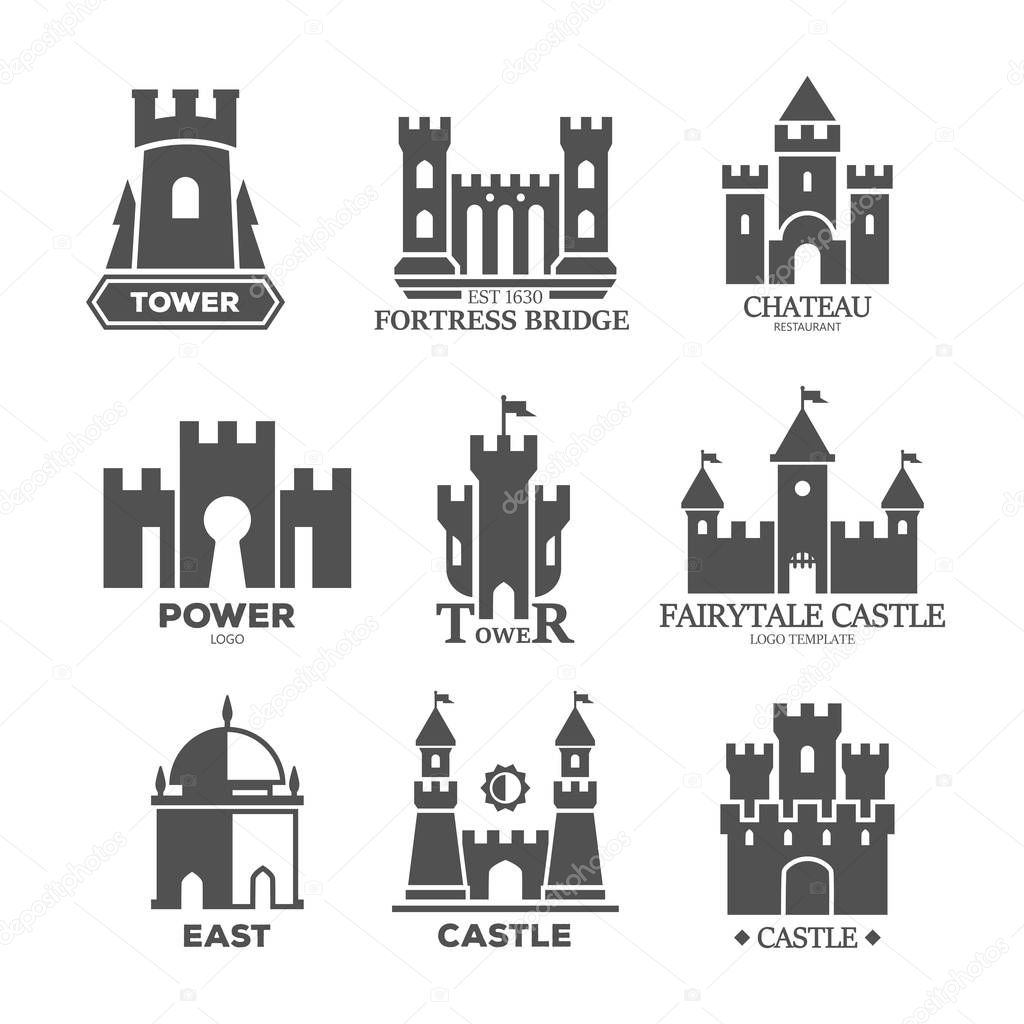 Set of isolated castle parts for logo. Icons of ancient fortress construction elements like defense tower and gates, fortified bridge. Fort with walls for logotype. Stone historical monument