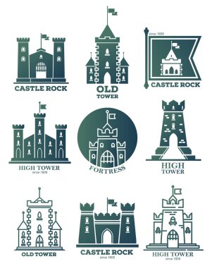 Logo with castle and towers at flags. Coat of arms clipart