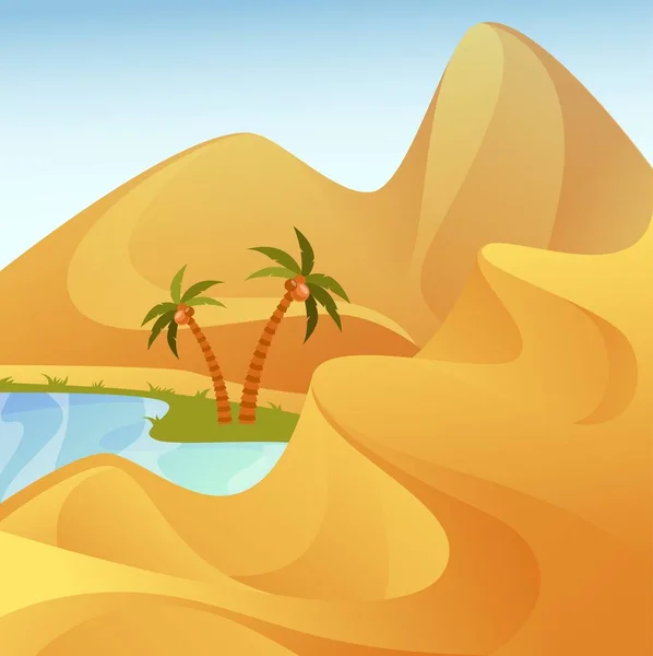 Oasis con palmeras en el desierto con colinas de arena — Vector de stock