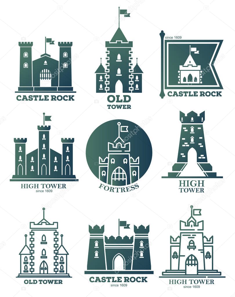 Set of isolated icons or logo with castle and high stone towers. Rock castle at flag or coat of arms. Medieval construction as house logotype. Heraldry and history, architecture theme