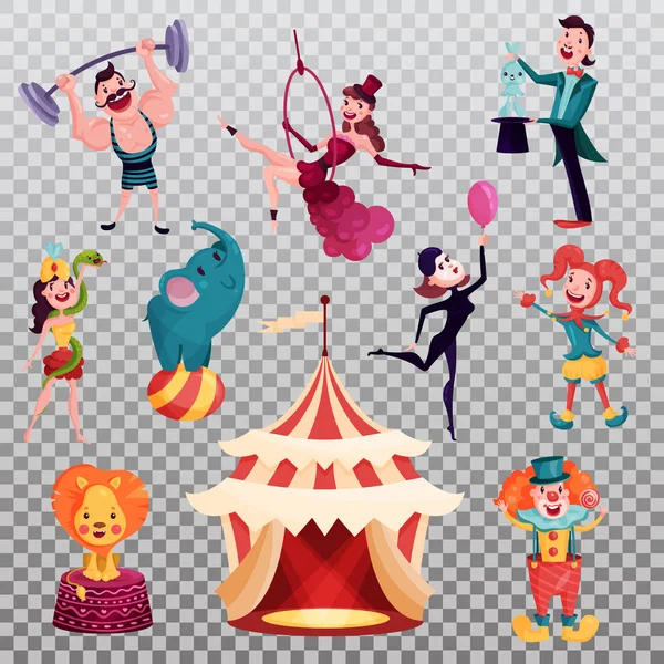 Izolované klaun a kouzelník poblíž cirkusový stan nebo tábor — Stockový vektor