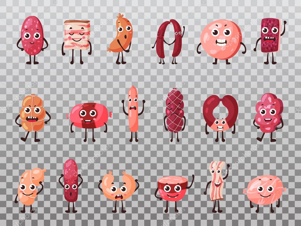 Isolated meat food as cartoon meat characters. Salami and frankfurter sausage, roulade and kielbasa, wurst and fat, lard and tallow, grease nutrition, beef and pork dinner.