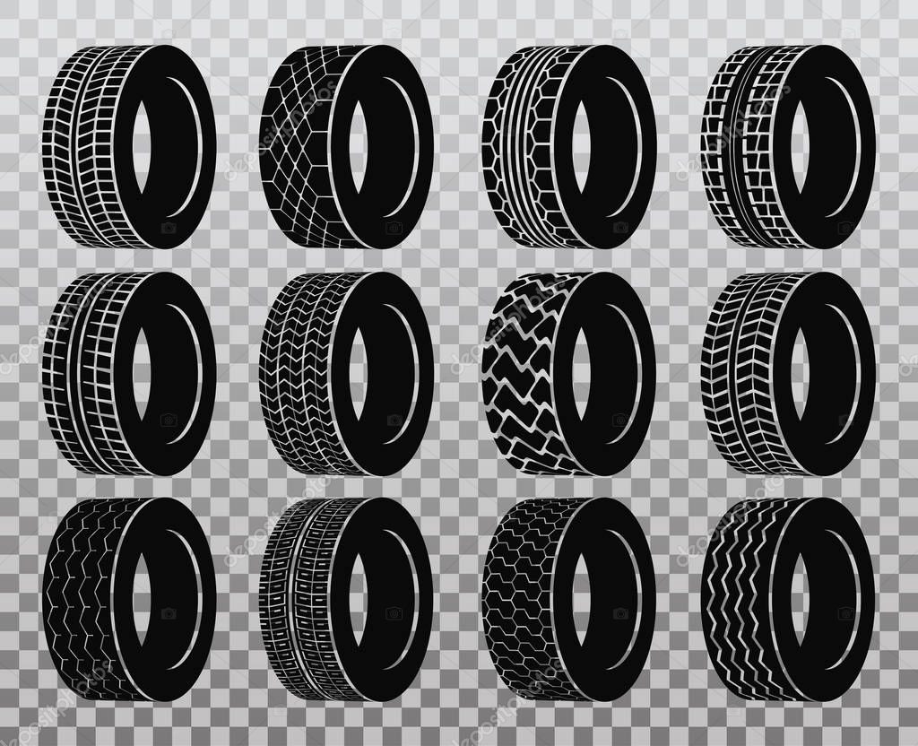 Isolated tire or wheel for truck or bus, automobile tyre. Winter protector isolated or transport wheel icons, tractor tyre with track. Vulcanization or garage, rally sport or tire mount