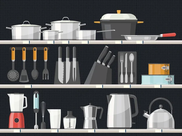 Acessórios para cozinha ou utensílios de cozinha nas prateleiras — Vetor de Stock