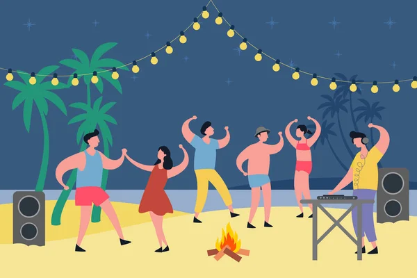 Fiesta nocturna en la playa tropical. Gente bailando — Vector de stock