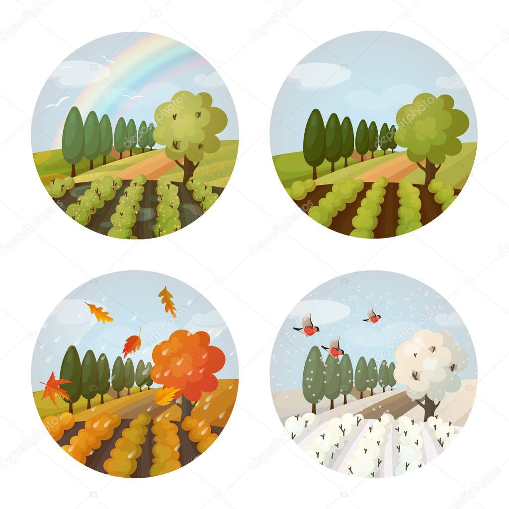 Set of isolated farm or field, garden at seasons