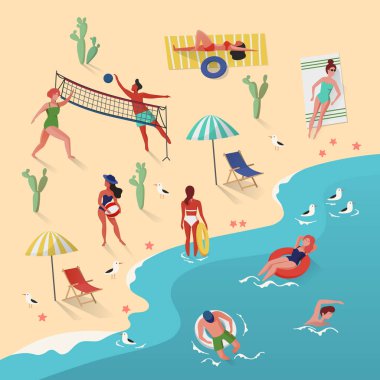 Yüzme ve voleybol oynayan insanlarla Beach