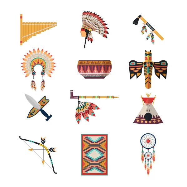 American indian symbolen. Boog, bijl, hoofdtooi, wigwam — Stockvector