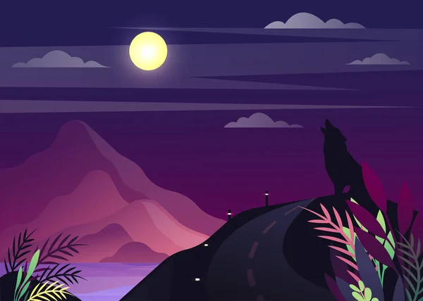 Paisaje natural con lobo aullando a la luna — Vector de stock