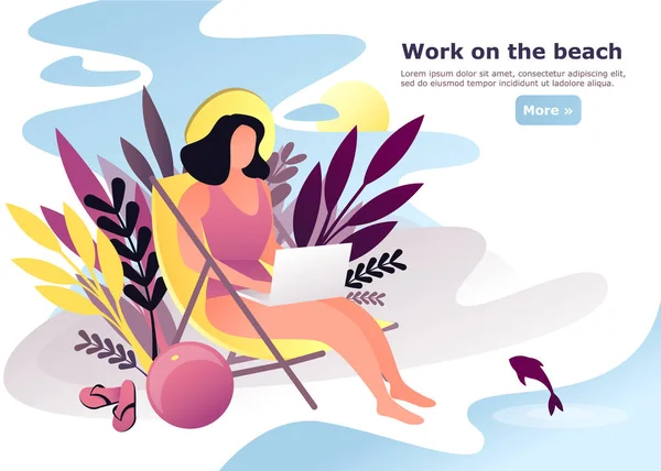 Mujer o mujer haciendo trabajo remoto en la playa — Vector de stock