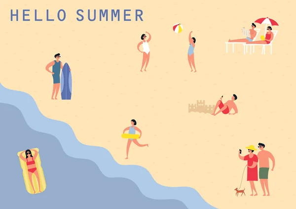 Les gens en mer ou sur la plage de l'océan baignade, bains de soleil — Image vectorielle