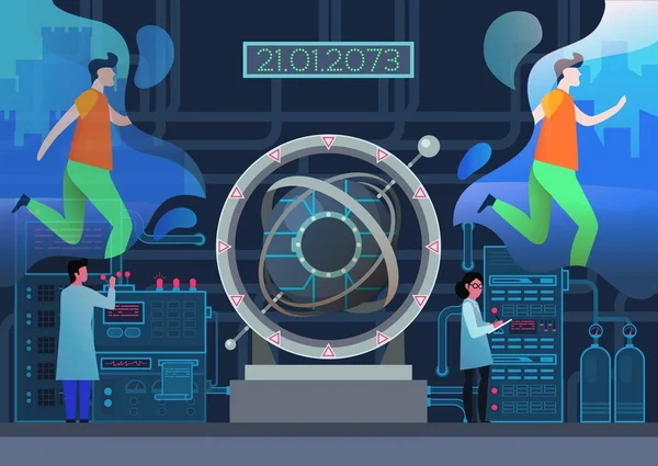 Lab met wetenschappers en time machine, portal, gate — Stockvector