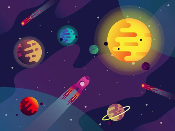 Galaxy or cosmos, sun, planets, spaceship, comets — Stock Vector