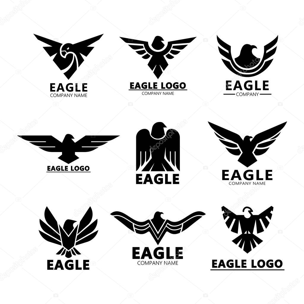 Set of isolated aquila eagles silhouette for company advertising or roman signs for branding, head and wings of hawk or falcon for badge. Gothic royal emblem and company insignia, branding theme