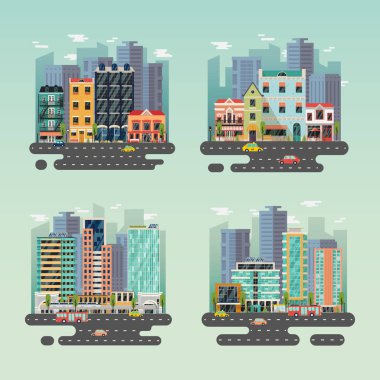 Şehir ya da kasaba gökdelenler ve araba sokaklarında