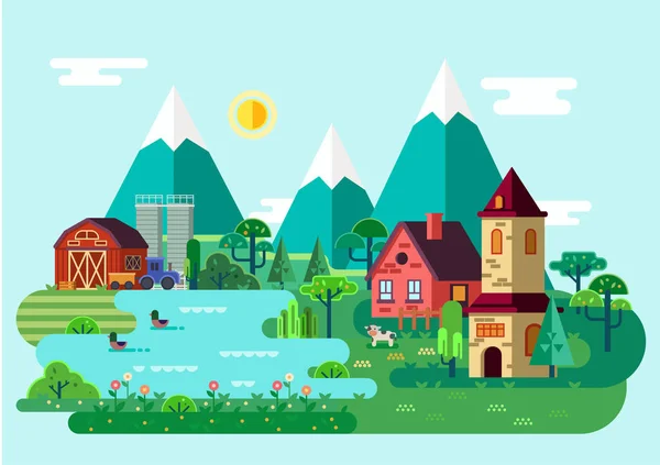 Panorama o escena del pueblo en verano, campo — Vector de stock