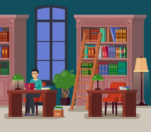 Bibliotecario o estudiante en la biblioteca o el ateneo — Vector de stock