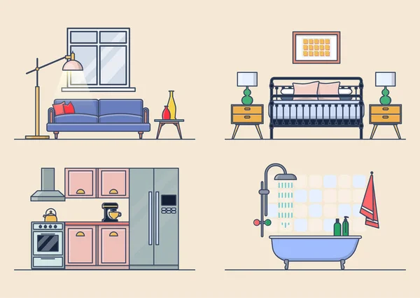 Sala de descanso, cocina, baño y dormitorios interiores — Vector de stock